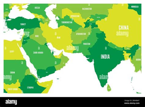 Political map of South Asia and Middle East countries. Simple flat vector map in four shades of ...