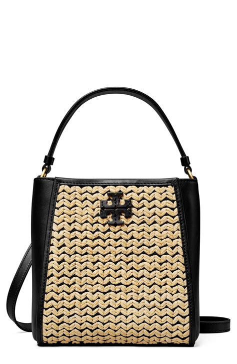 Tory Burch Small Mcgraw Raffia Bucket Bag Black Natural Editorialist