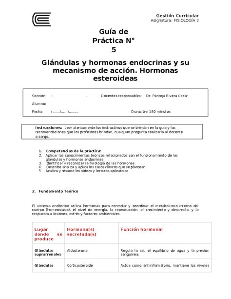 Guía De Práctica No 5 Asignatura FisiologÍa 2 Guía De Práctica N° 5