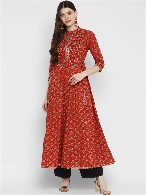 Buy Kalini Women Red And Golden Ethnic Motifs Printed Thread Work