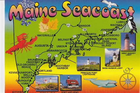 Samy Postcards Maine Map Card Seacoast Maine Map Harbor Lights Maine