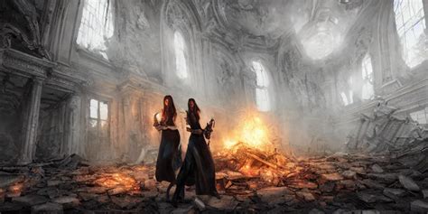 Beautiful Female Witches Exploring Scorched Ruins Of Stable Diffusion