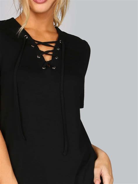 Black Lace Up V Neck T Shirt SheIn Sheinside