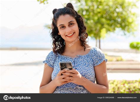 Portrait Cute Brunette Woman Wearing Blue Floral Summer Dress Standing Stock Photo