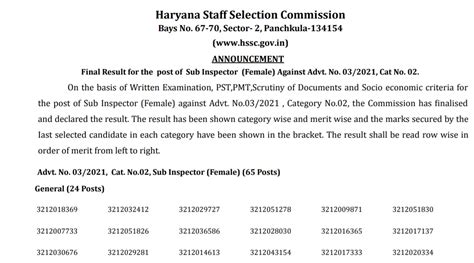 Sub Inspector Result Final Result For The Post Of Sub Inspector