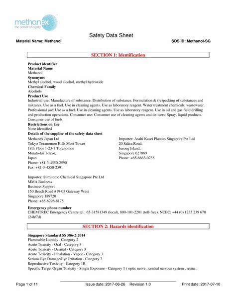 Pdf Safety Data Sheet Methanex · Use As Laboratory Reagent Use In