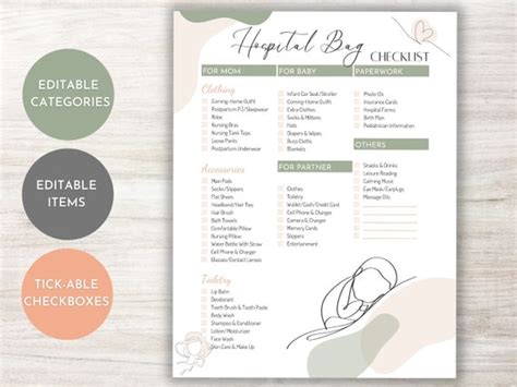 Hospital Bag Checklist Editable Pdf Fillable Printable Etsy