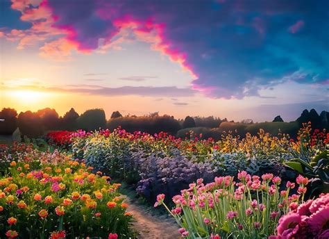 Premium AI Image | Colorful sky Evening In dreamy flower garden