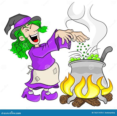 Witch Cooking A Magic Potion In The Cauldron Stock Vector