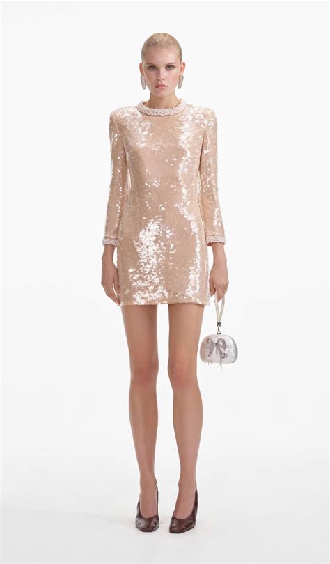 Payetli İnci İşlemeli Uzun Kollu Nude Mini Tasarım Elbise Deep Atelier