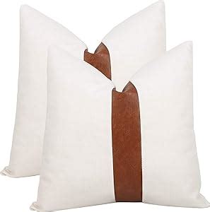 Amazon Cygnus Set Of 2 White Linen Patchwork Faux Leather Throw