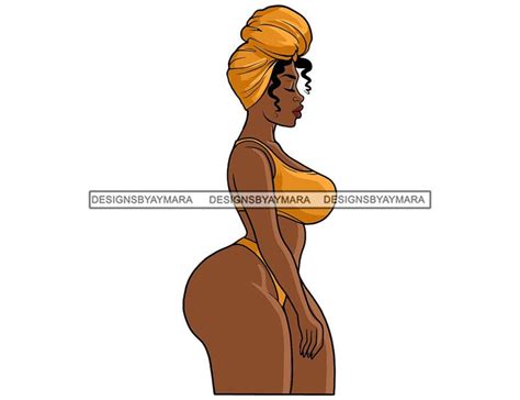 Big Hips Large Breast Black Woman Gold Headwrap Bikini Plus Size Plump Curvy Queen Illustration