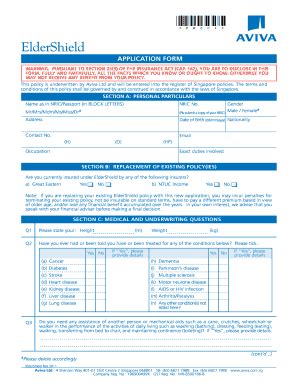 Fillable Online Eldershield Application Form Aviva Singapore Fax