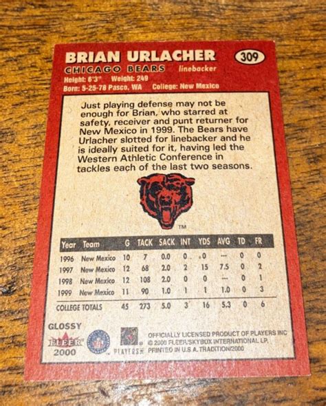 2000 Fleer Tradition BRIAN URLACHER ROOKIE 309 RC Chicago Bears LB HOF