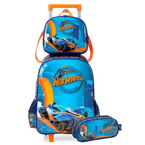 Kit Mochila Rodinha Hot Wheels Lancheira Estojo Azul Shop Macrozao