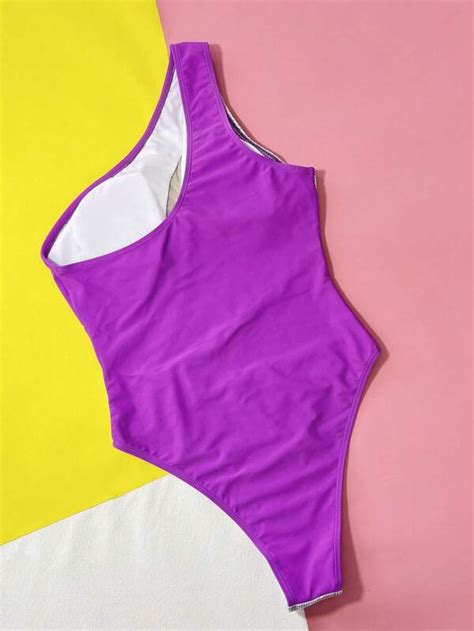 Shein Swim Bae Colorblock Contrast Mesh One Shoulder One Piece Swimsuit