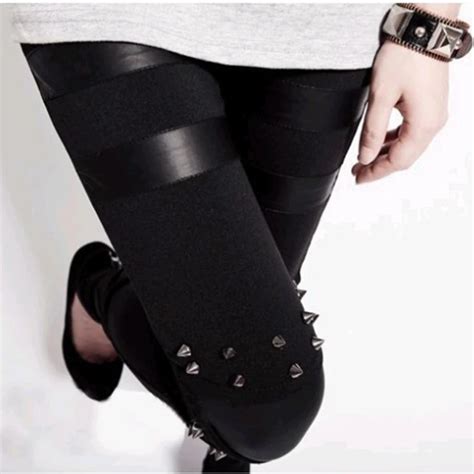 Lady Fashion Punk Rock Metal Leggings Cotton Blended Sexy Gothic Skinny