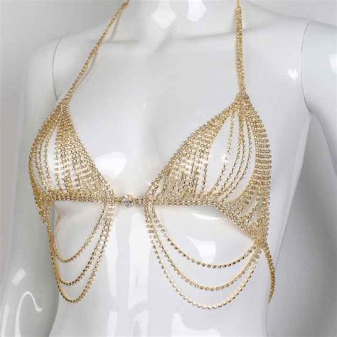 Fashion Gold Plated Sexy Bikini Body Chain Sexy Lingerie Chain Bling Rhinestone Bra And Thong
