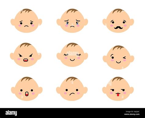 Set of baby faces emoji with different mood. Kawaii cute kids emoticons ...