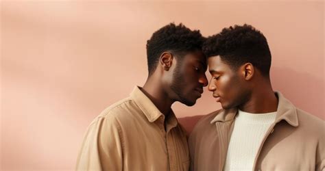 Premium AI Image NeutralToned Attired Black Gay Couple In Studio Portraits Expressions Of