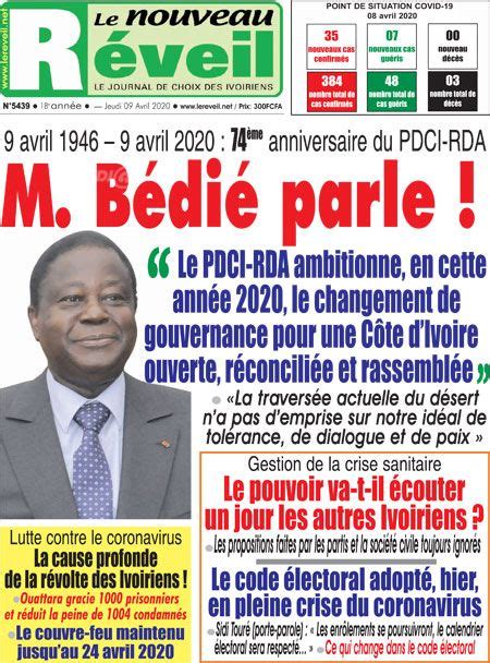 Titrologie de Le Nouveau Réveil N5439 du jeudi 9 avril 2020 Abidjan