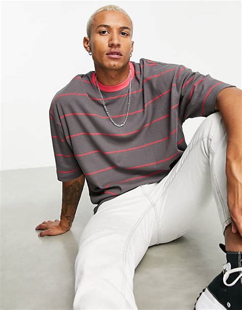 Asos Design Oversized Stripe T Shirt In Gray And Pink Waffle Asos