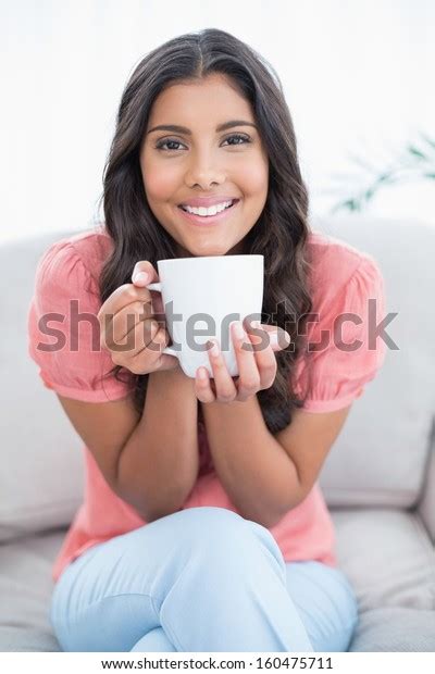 Cheerful Cute Brunette Sitting On Couch Stock Photo 160475711 Shutterstock