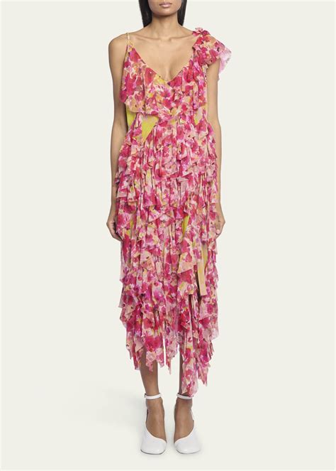 Dries Van Noten Daylin Asymmetric Midi Dress With Floral Print Ruffles