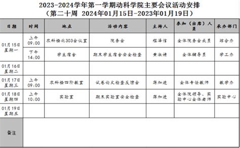 2023 2024学年第一学期第二十周动科学院主要会议活动安排 动物科学与食品工程学院