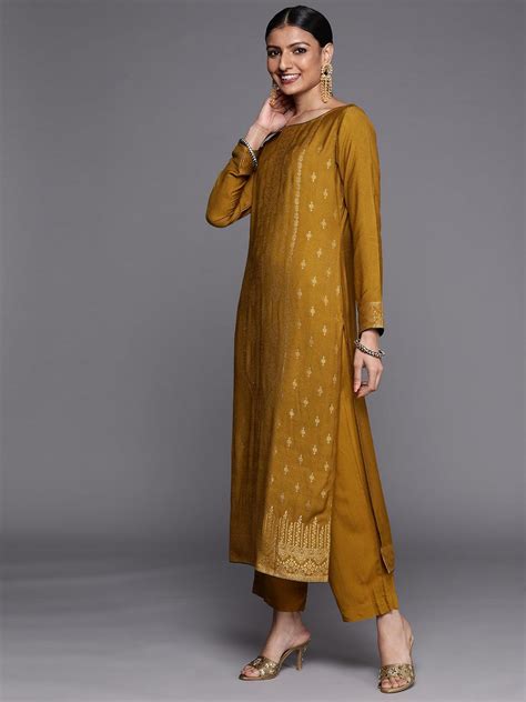 Buy Mustard Self Design Pashmina Wool Straight Kurta With Dupatta