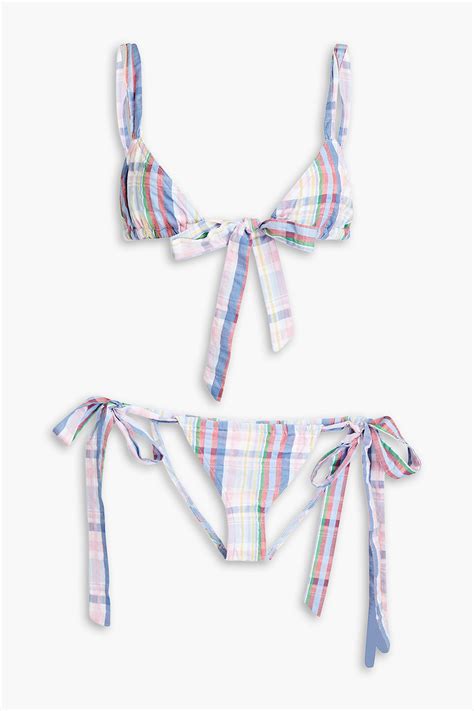 Zimmermann Teddy Checked Cotton Triangle Bikini In Blue ModeSens
