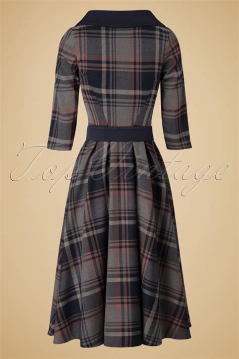 40s Genevieve Lee Tartan Swing Dress In Navy