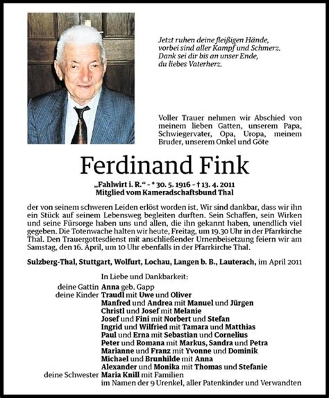 Todesanzeigen Von Ferdinand Fink Todesanzeigen Vorarlberger Nachrichten