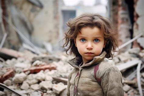 En las ruinas de un edificio destruido a causa de la guerra un niño