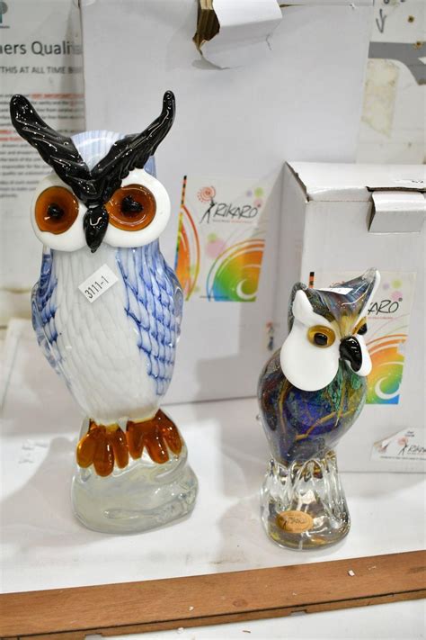 Sold Price Rikaro Art Glass Owl Figures With Boxes Tallest Cm