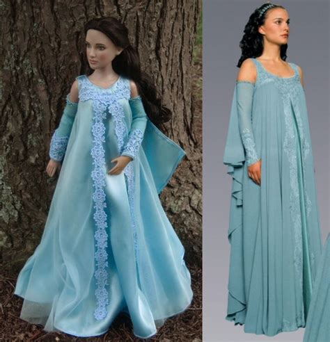 A Doll Dressed In Blue Is Next To An Image Of A Woman Wearing A Dress