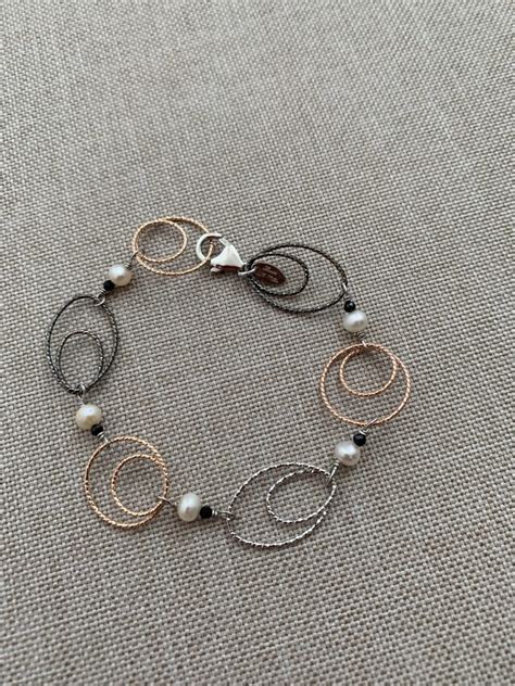 Bracciale Perle Agata Nera E Ovali In Argento Rodiato Rodiato Ner