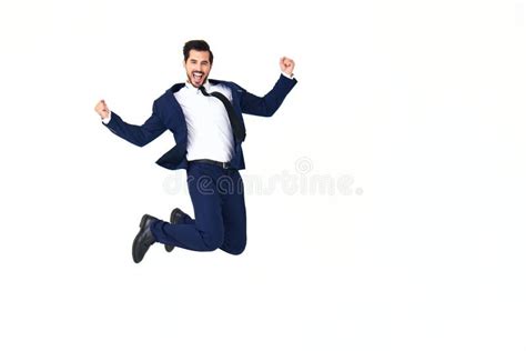 Man Business Smile With Teeth In Costume Running And Jumping Flying Up