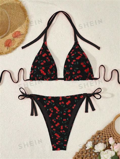 Shein Swim Mod Plus Size Women S Summer Beach Cherry Print Halter Neck Tie Sexy Bikini Set