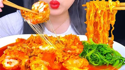 ASMR SEAFOOD SHRIMP CHEESY SPICY NOODLES | MUKBANG + RELAXING RAINING ...