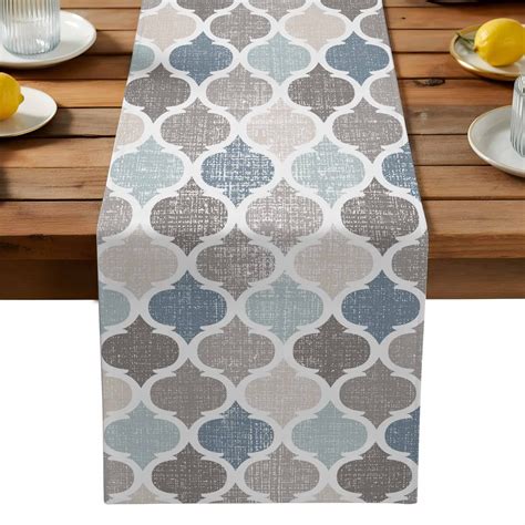 Blue Beige Grey Brown Table Runner Rustic Retro Moroccan Plaid Cotton