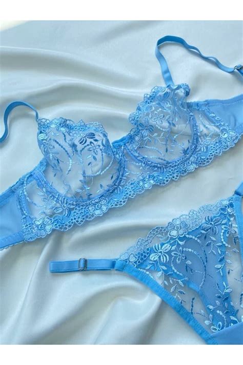 ARONA Bebek Mavisi Balenli Tül Dantel Sütyen Bralet Tanga Iç Çamaşırı Takım Lingerie Haven