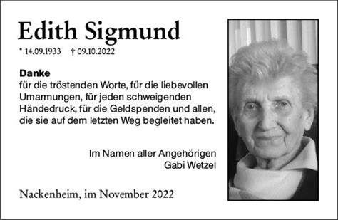 Traueranzeigen Von Edith Sigmund Vrm Trauer De