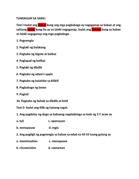 Tungkulin SA Sarili - Notes - TUNGKULIN SA SARILI Test I-Isulat ang ...