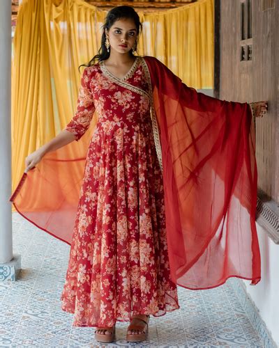 Brick Red Floral Georgette Anarkali With Dupatta Set Of Two By Athira Designs The Secret Label