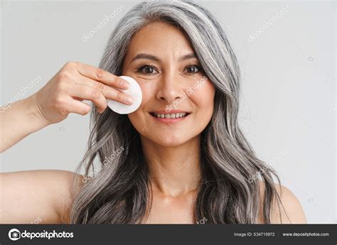 Mature Shirtless Woman Grey Hair Using Cotton Pad Isolated White Stock