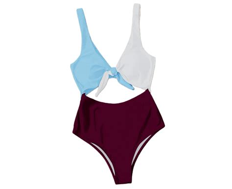 One Piece Bikini Color Block Knotted Female Backless High Waist Monokini Beachwear Wine Red