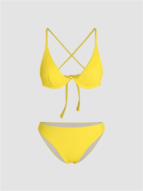 Cider Solid Rib Knotted Bikini Swimsuit Th