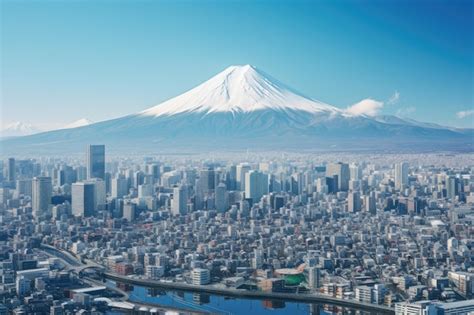 Monte Fuji E Cidade De Yokohama No Jap O C U Azul Vista A Rea Da