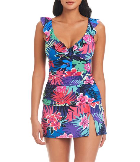 Bleu Rod Beattie Hawaiian Punch Floral Print Surplice V Neck Ruffle Shirred Tankini Swim Top